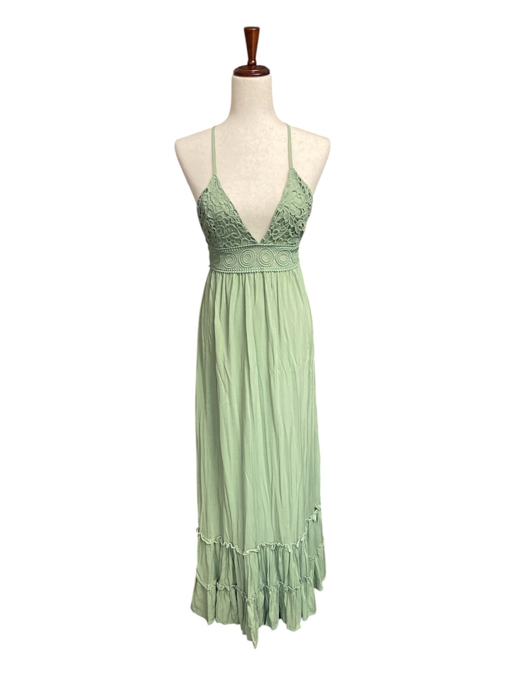 Birch & Stone Sage Green Lace Bodice Maxi Dress Spaghetti Strap Women’s EUC
